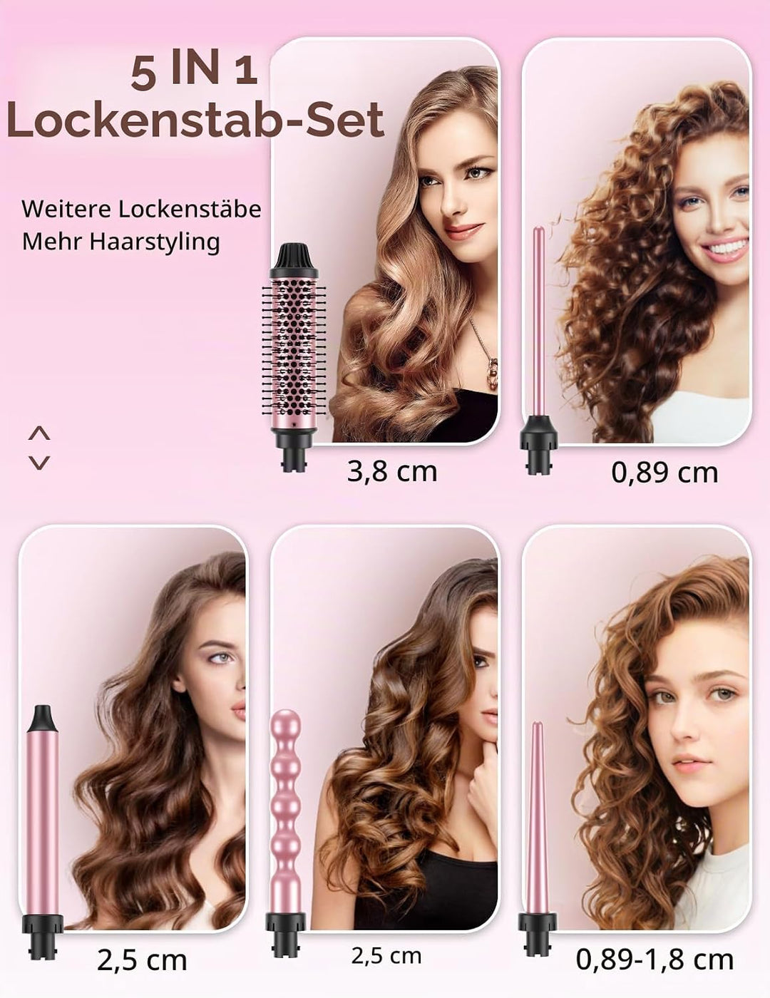 LANDOT Lockenstab mit Thermobürste 5-in-1 Set: Für Volumen &amp; definierte Locken, 38mm Bürstenkopf &amp; 4