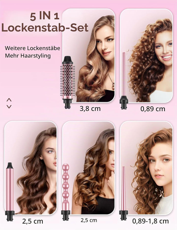 LANDOT Lockenstab mit Thermobürste 5-in-1 Set: Für Volumen &amp; definierte Locken, 38mm Bürstenkopf &amp; 4