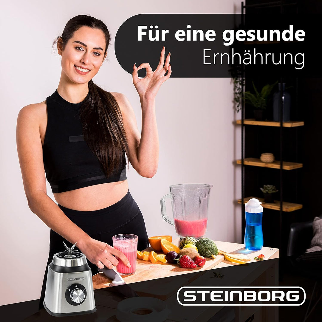 Standmixer | 800 Watt | 6-Fach Metallmesser | 1,5 Liter | 5 Stufen | Glas Edelstahl | Pulsfunktion |