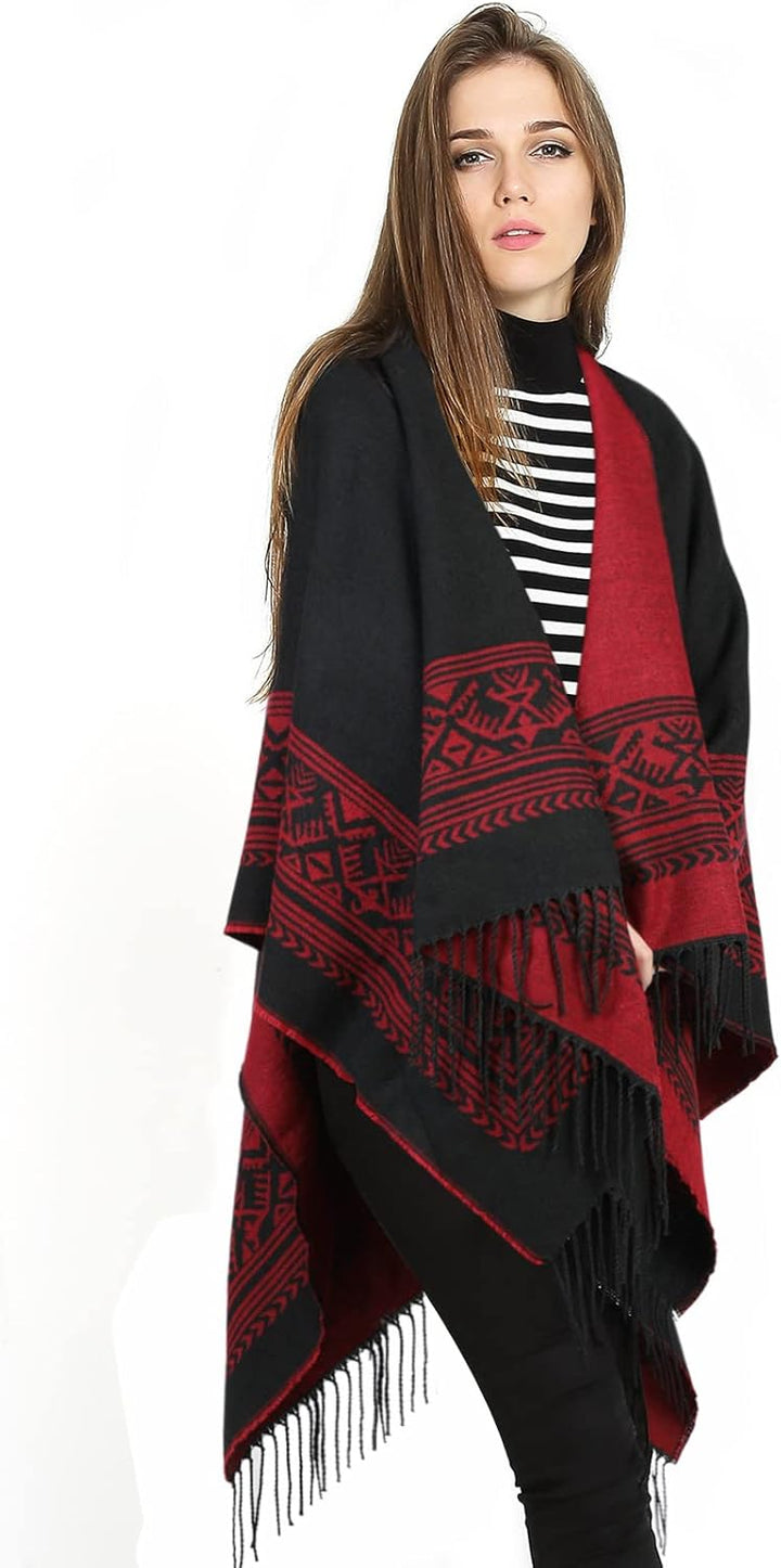 Superora Damen Poncho Cape Umhängetuch Stola Strick-Pullover Karierte Deckenschal Sweatshirt Schal m