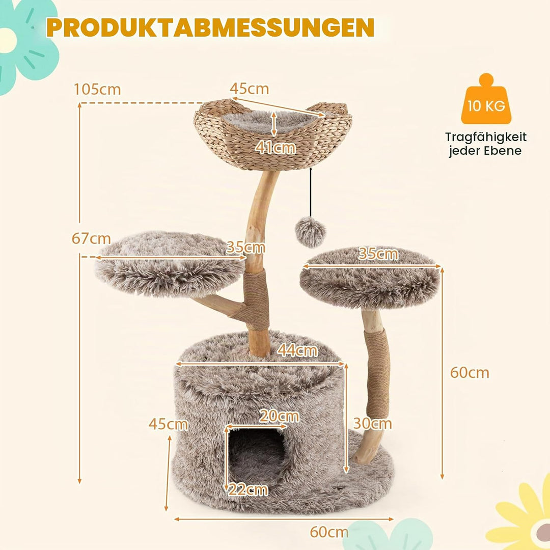 SOARS Kratzbaum Holz, 105 cm Katzenbaum mit Weidenkorb, Höhle, 2 Plattformen und Plüschball, Katzenk