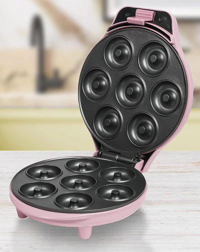 Bestron Donut Maker im Retro Design, Sweet Dreams, Antihaftbeschichtung, 700 Watt, Farbe: Rosa