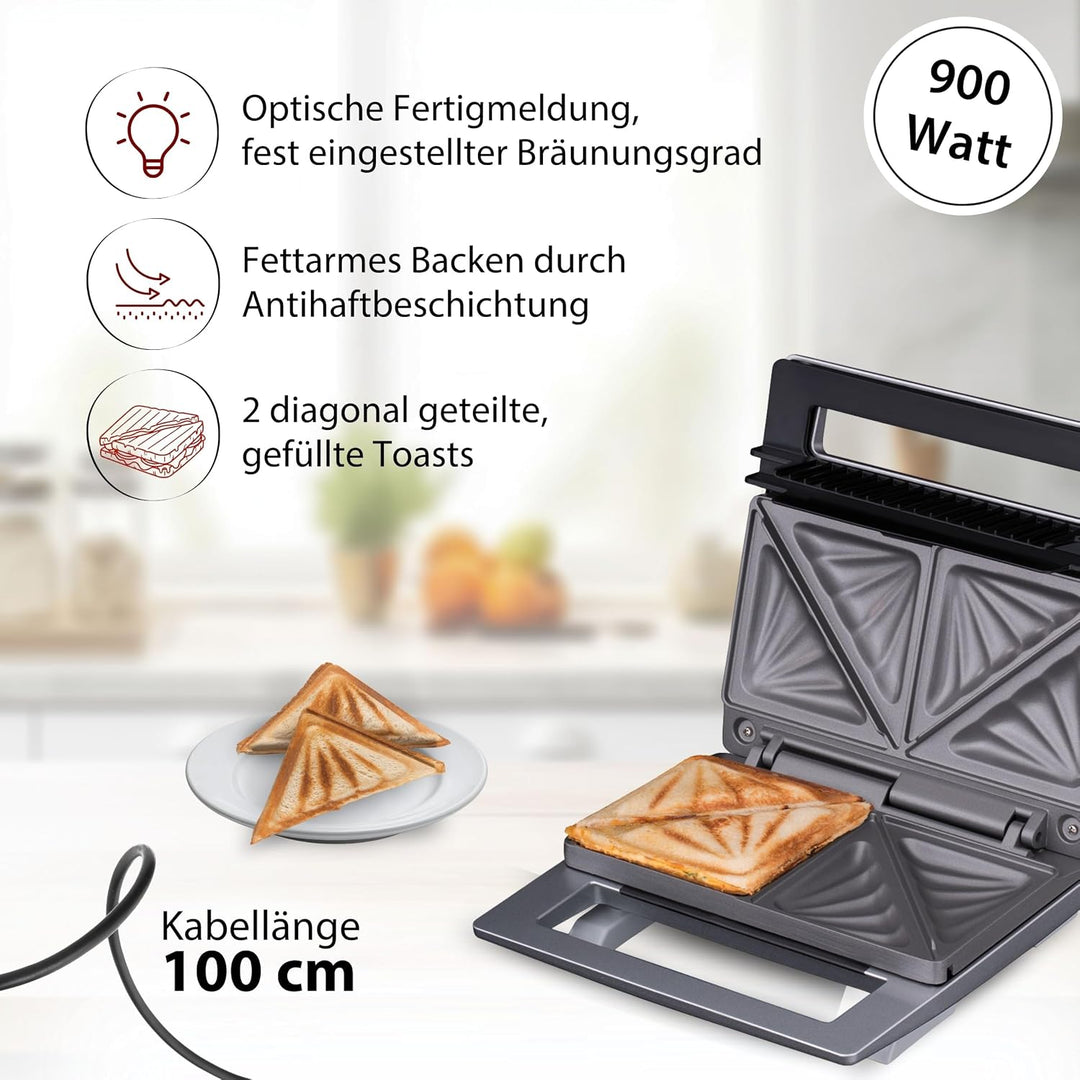 Cloer 6219 Sandwichmaker, 900 W für 2 diagonal geteilte Toasts, optische Fertigmeldung, silber Silbe