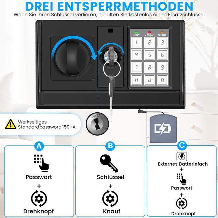 80L Tresor mit Feuerfester Dokumententasche, Feuerfest Safe Tresor mit Zahlenschloss, Ersatzschlüsse