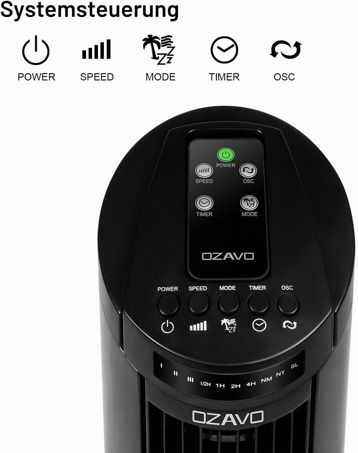 OZAVO Turmventilator, 3 Stufen Ventilator, oszillierend Standventilator, Tower-Ventilator Säulenvent
