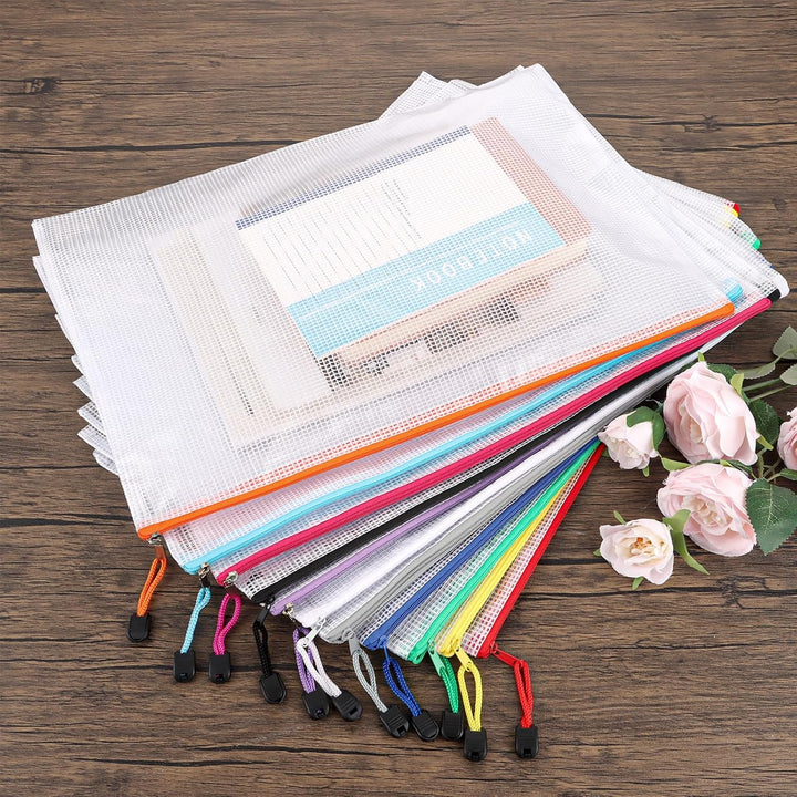 ASelected 24 Stücke Dokumententasche A3 Reissverschluss, 12 Farbe Mesh Kunststoff Reissverschlusstas