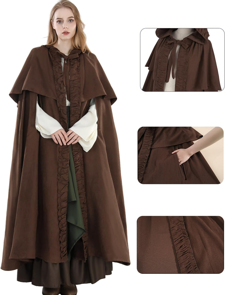 Fiamll Mittelalter Umhang Damen Kapuze Mantel mit Manschette Einfarbige Trenchcoat Renaissance Vampi