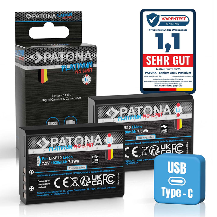 PATONA 2X USB-C Platinum Akku Ersatz für Canon LP-E10 LPE10, 1020mAh 7.2V | Ersatzakku für EOS 1100D