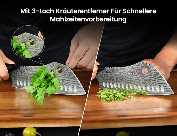 18 cm Küchenmesser mit Kräuterstripper, Asiatisches 3-in-1 Messer kombiniert Hackmesser, Fleischerme