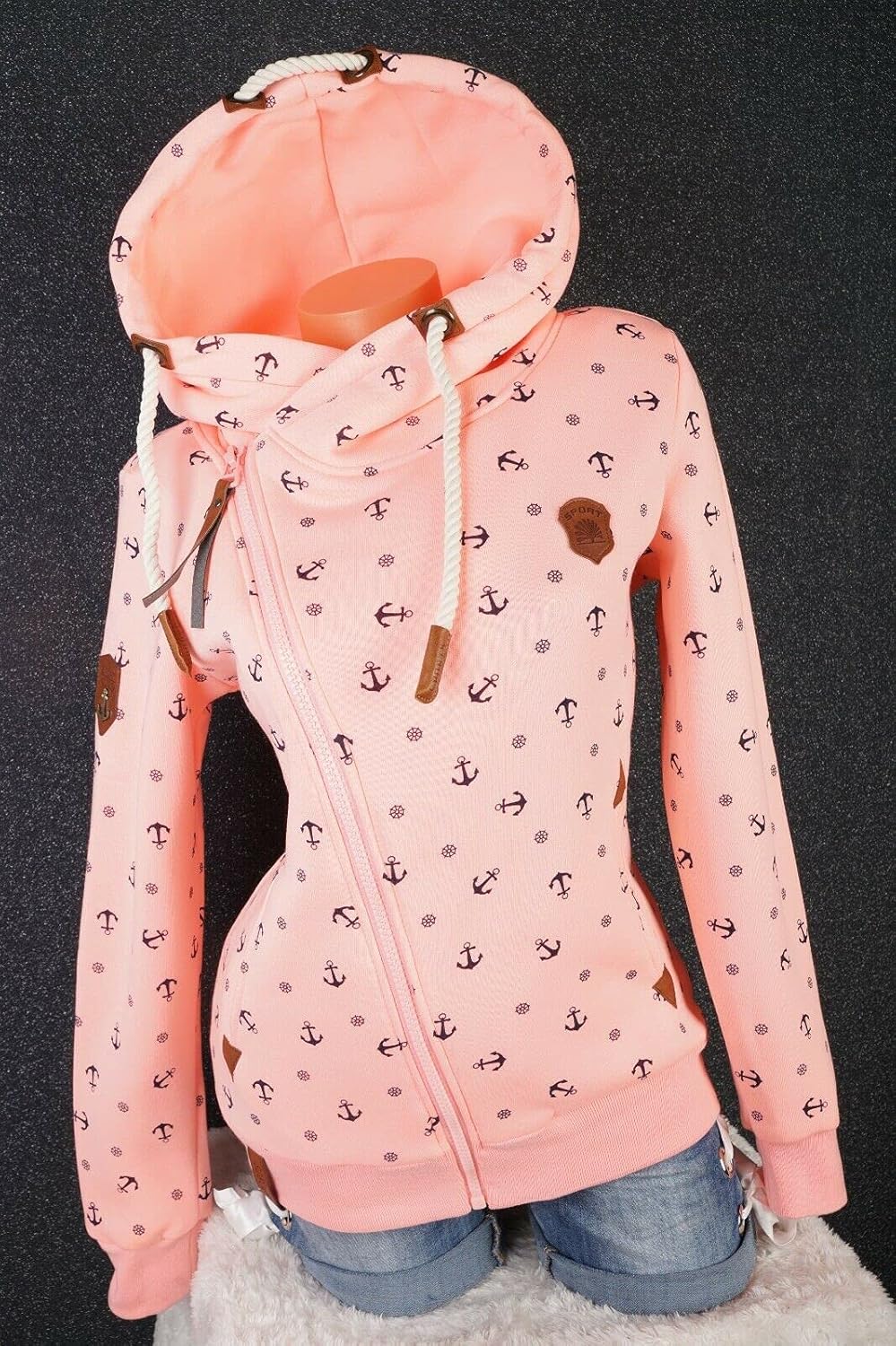 VIN TE Damen Sweat Jacke XXL Kapuze Hoodie Übergangsjacke Fleece gefüttert schräger Reissverschluss
