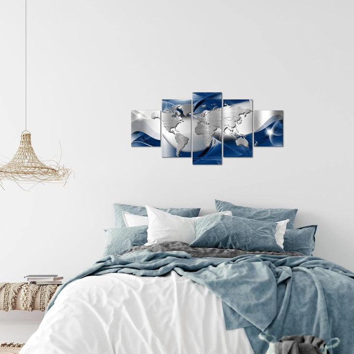 Runa Art Wandbilder Weltkarte 5 Teilig Bild auf Vlies Leinwand Deko Büro Wohnzimmer Abstrakt Silber
