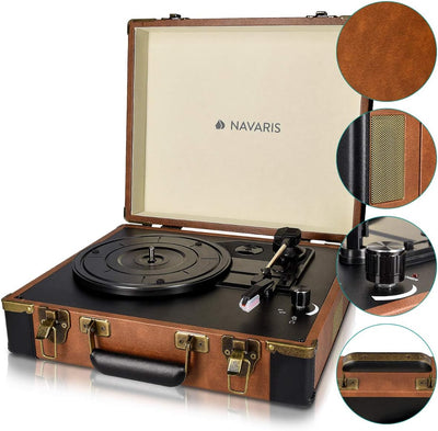 Navaris Retro Koffer Plattenspieler mit Lautsprecher - USB Port zum Digitalisieren - 35,5x11,5x27,5c