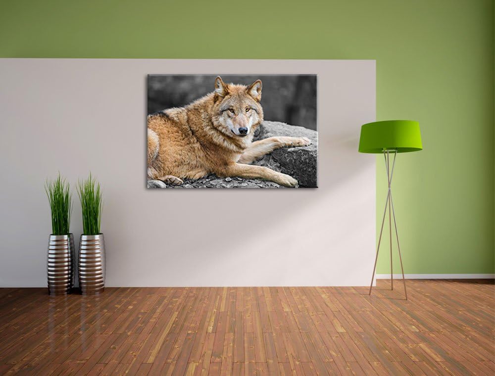 stolzer Wolf auf Stein schwarz/weiss auf Leinwand, XXL riesige Bilder fertig gerahmt mit Keilrahmen,