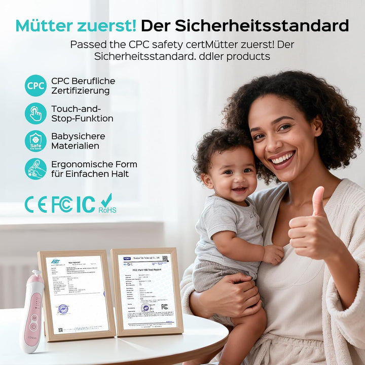 COSLUS Baby Nail File Electric: Fünf Gänge mit LED Sanfter Leuchten 6 Schleifköpfe, geeignet für Bab