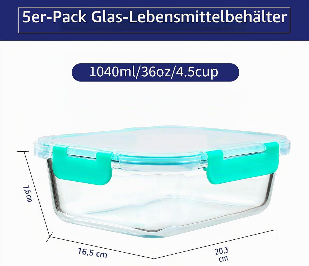 MFY 5er-Set 1040ml Meal Prep Boxen Glas Frischhaltedosen Glas mit Deckel, Glasbehälter mit Deckel Se