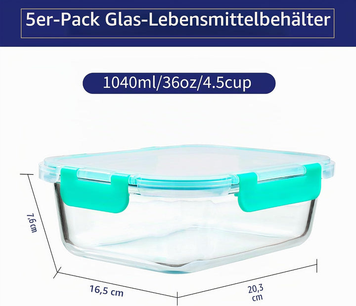 MFY 5er-Set 1040ml Meal Prep Boxen Glas Frischhaltedosen Glas mit Deckel, Glasbehälter mit Deckel Se