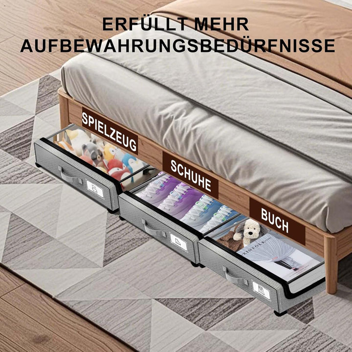 2 Stück Unterbett Aufbewahrungsbox mit Rollen und Deckel, Unterbettkommode mit klaren Deckeln & Etik