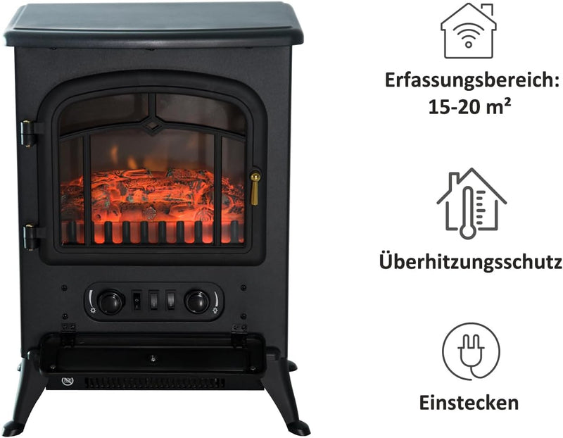 HOMCOM Elektrokamin Kaminofen Flammeneffekt 1000/2000W Überhitzungs-Schutz Metall Schwarz 45 x 28 x