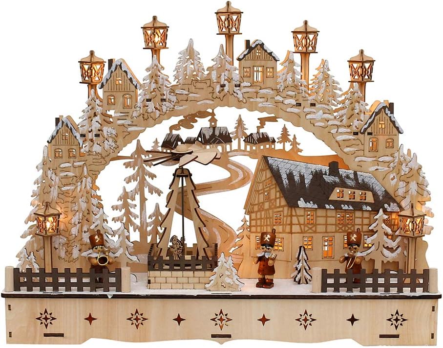 Dekohelden24 LED Holz Schwibbogen mit bewegter Weihnachtspyramide, Motiv: Bergmänner, L/B/H ca. 45 x