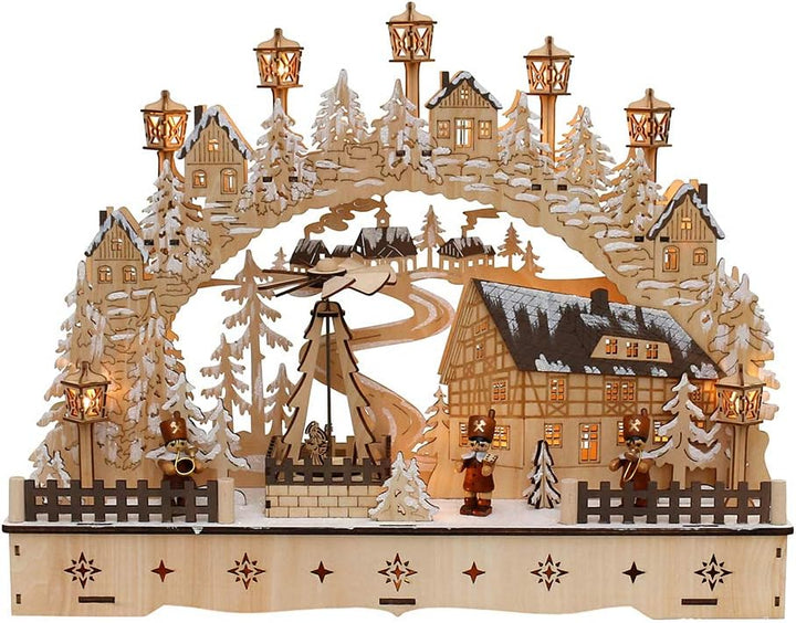 Dekohelden24 LED Holz Schwibbogen mit bewegter Weihnachtspyramide, Motiv: Bergmänner, L/B/H ca. 45 x
