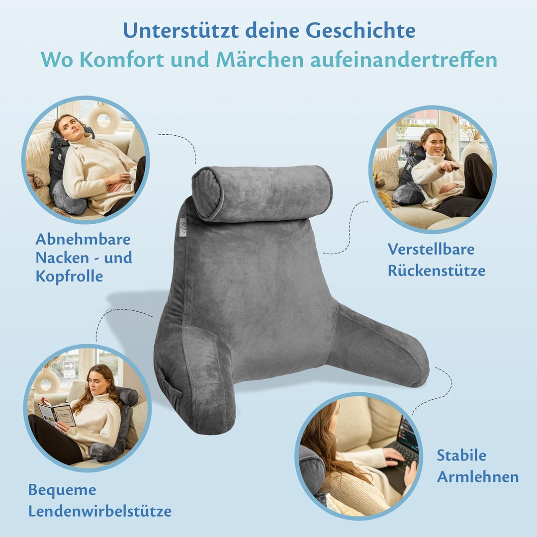 Ella Lesekissen für Bett und Sofa mit Abnehmbarer Nackenrolle - Rückenkissen Bett - Reading Pillow a