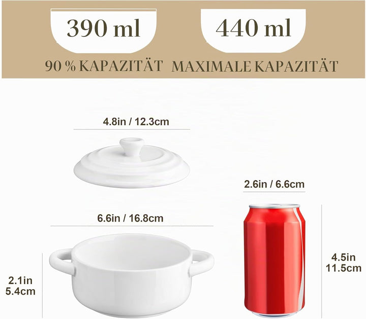 MALACASA Mini Cocotte mit Deckel, 4 Stück Auflaufform Klein aus Porzellan mit Griffen, Kleine Auflau