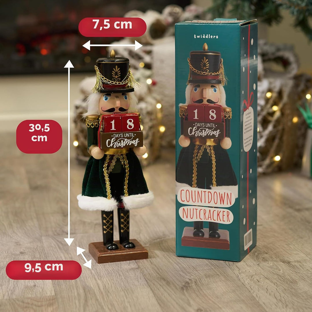 THE TWIDDLERS - Weihnachts-Countdown Nussknacker-Soldat aus Holz, 30cm / 12“ in festlichen Farben -