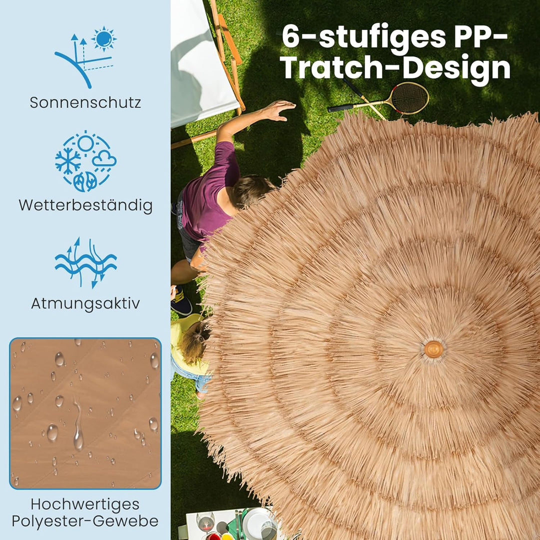GOPLUS Sonnenschirm Hawaii, Ø 175 cm Strohschirm mit Ständer, Strandschirm Stroh um 30° knickbar, Te