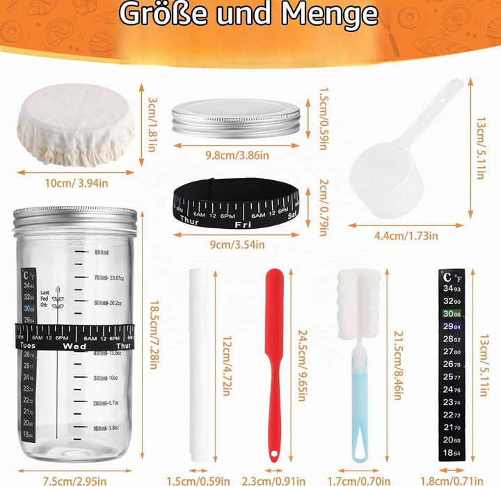 1000ml Sauerteig Starter Set mit Skala, Fermentierglas mit Deckel, Sauerteig Glas Mit Messband und R