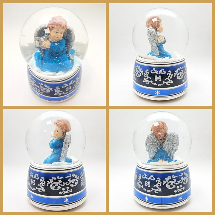 Schneekugel Weihnachten mit Musik | Engel blau mit Harfe Silber | Sockel blau-Silber Ornamente | H: