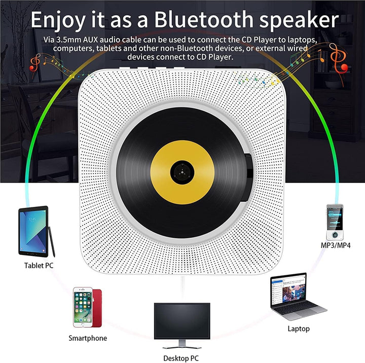 Tragbarer CD Player mit Bluetooth USB - Wand Montierbaren HiFi Lautsprechern mit Fernbedienung Multi