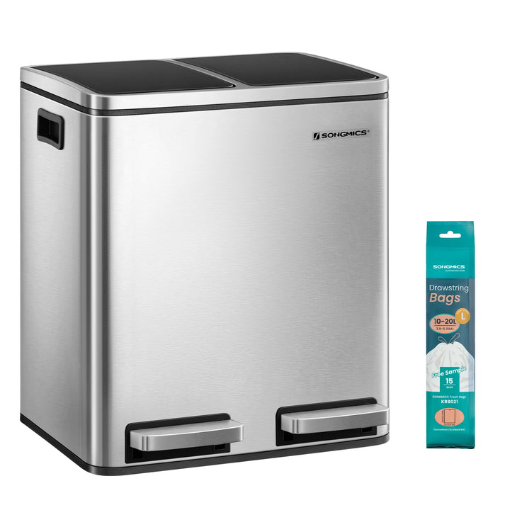 SONGMICS Mülleimer Küche, 2 x 15 L, Mülltrennsystem, Abfalleimer aus Metall, Treteimer mit Inneneime