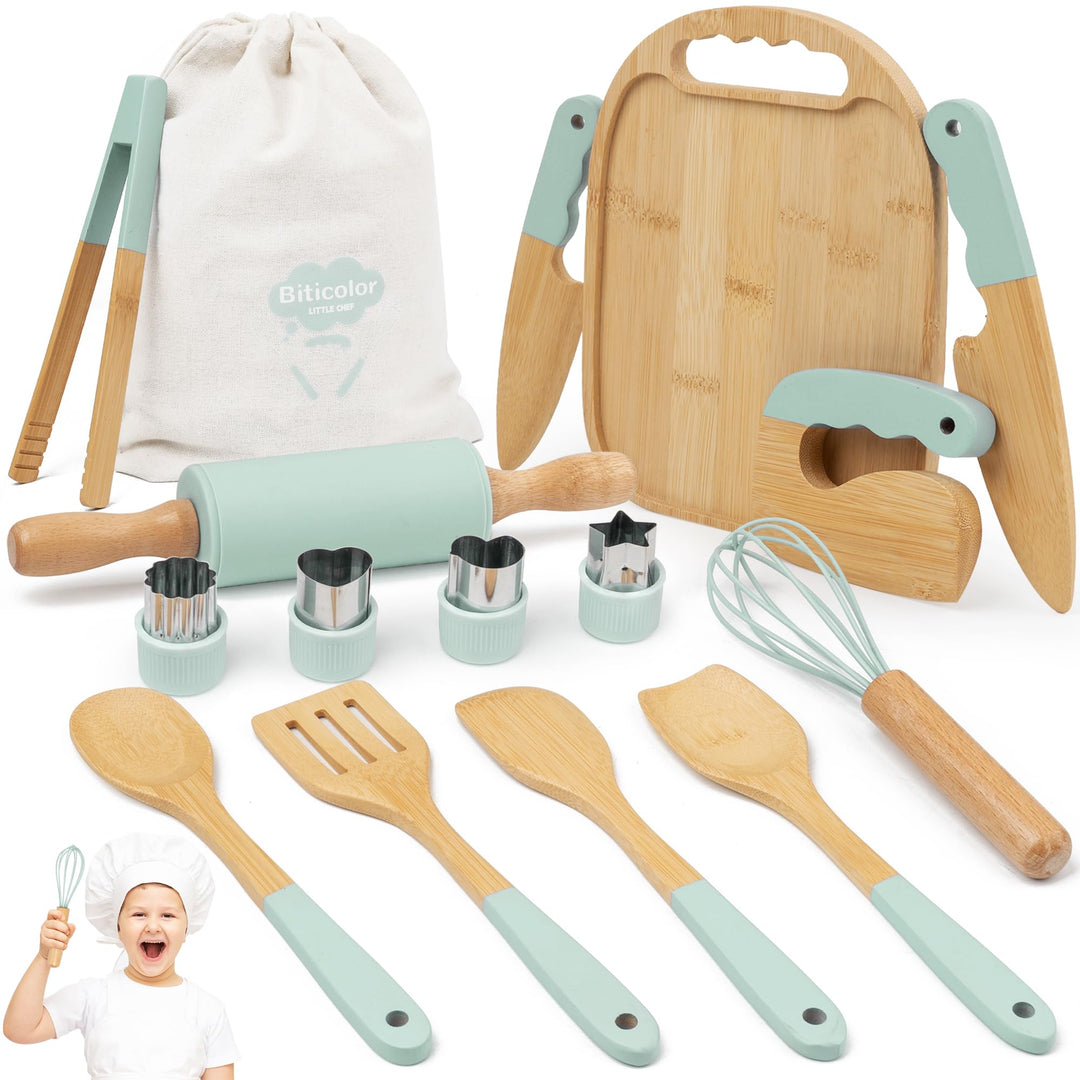 Kindermesser Set – 15-teilig mit sicherem Kiddikutter, Holzmesser Schneidebrett – Montessori Küchens
