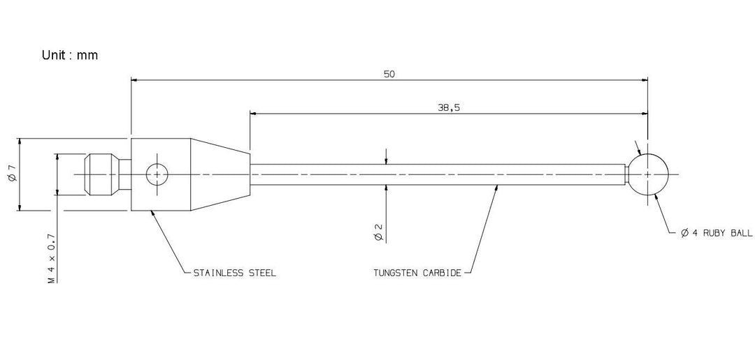 Tastereinsätze für taktile Messtaster,Gewinde M4, Rubinkugel Ø4mm, Hartmetallschaft, Länge 50 mm A-5
