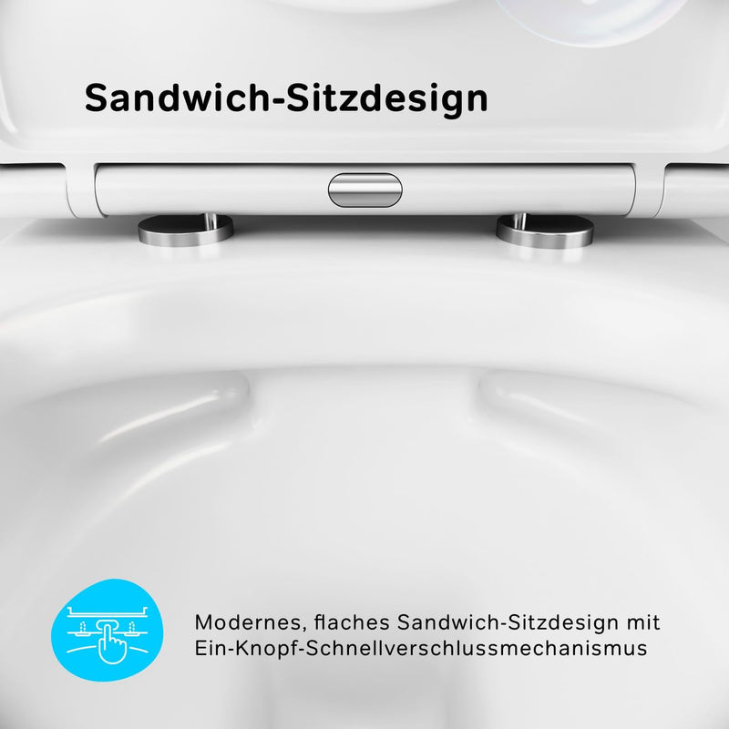 Spülrandloses Wand-WC mit Softclose Toilettensitz - WC-Sitz aus Duroplast mit Absenkautomatik SoftCl