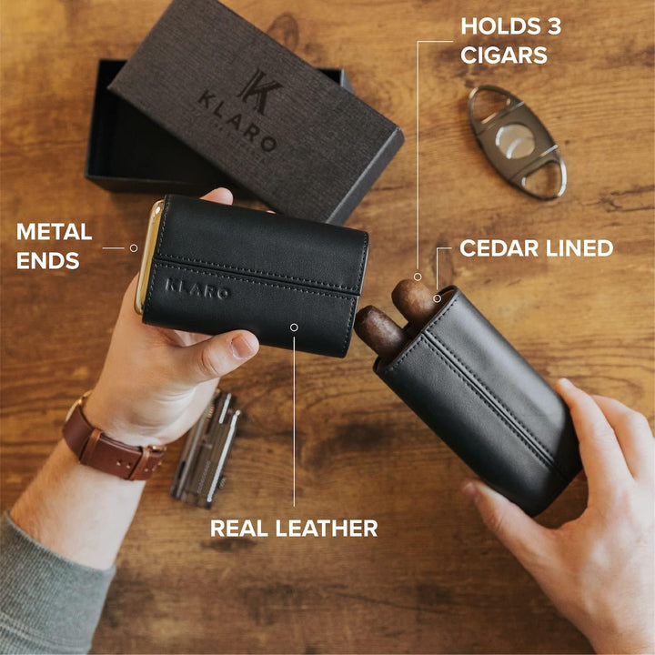 CASE ELEGANCE Premium-Schutzhülle für 3 Zigarren, echtes schwarzes Echtleder, Zedernholz gefüttert m