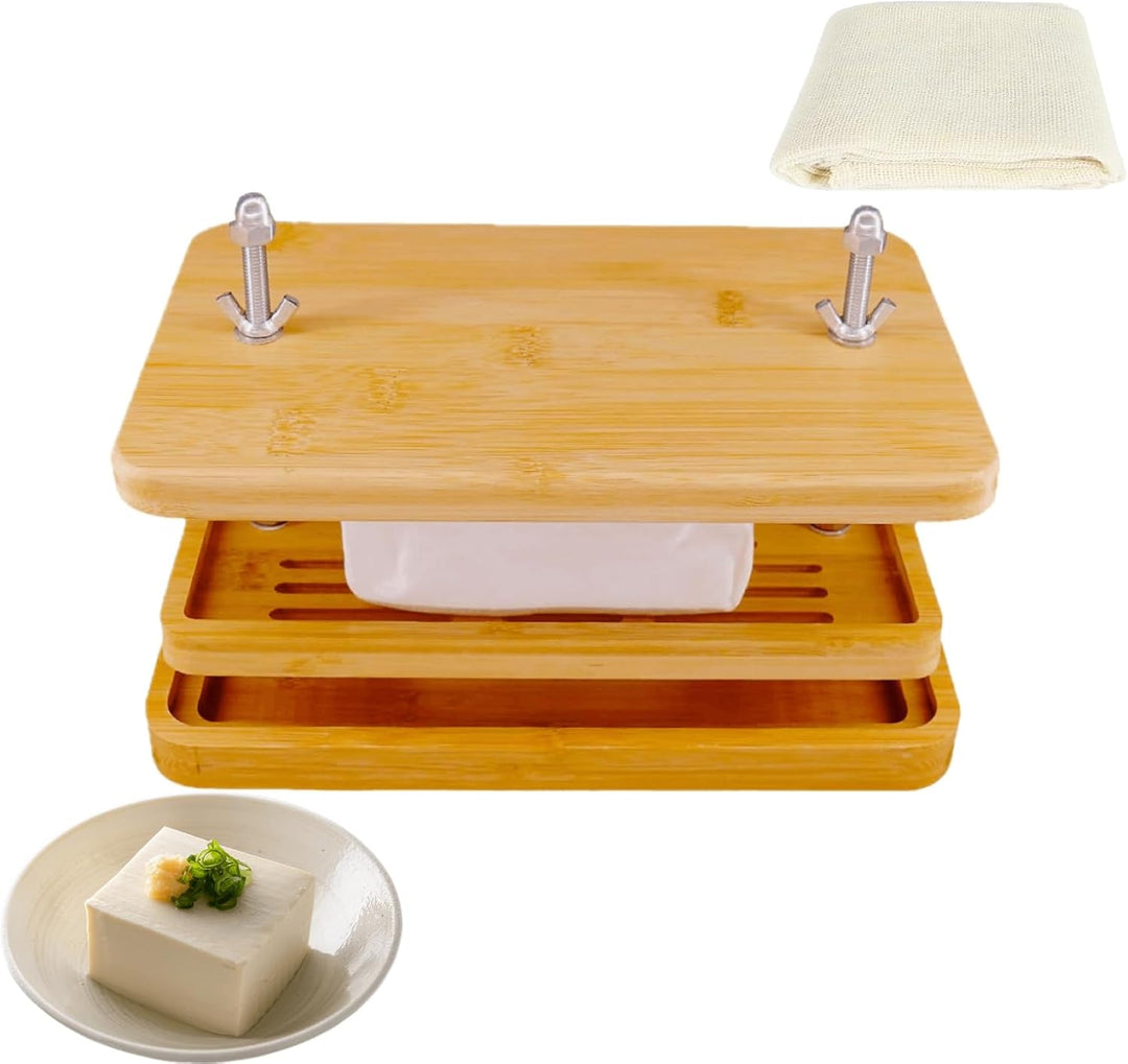 Tofupresse, grosse Bambus-Tofu presse mit Tofu-Sieb, Abtropfschale und Seihtuch, BPA-frei, leicht zu