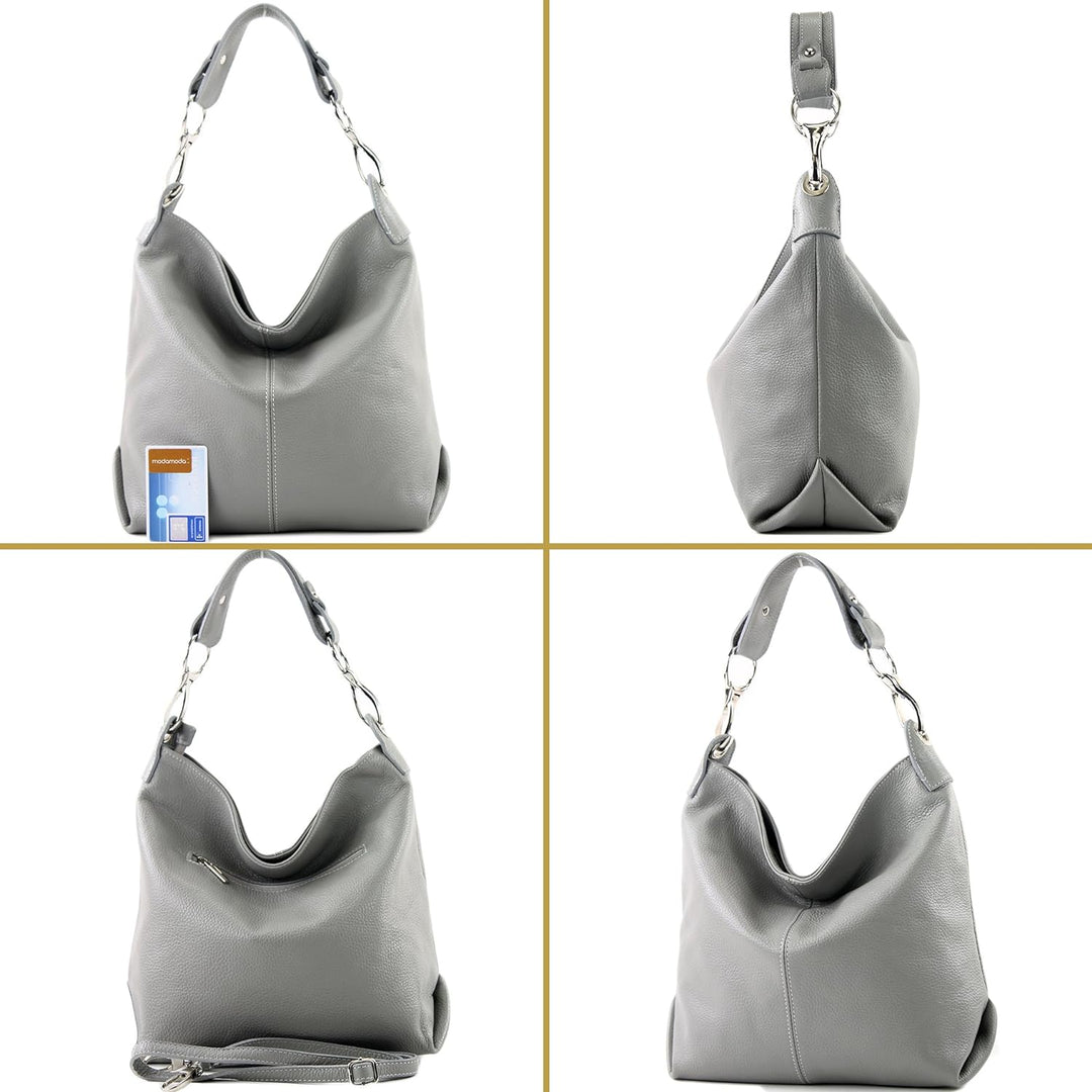 modamoda de - T168 - ital Schultertasche Umhängetasche aus Leder Lightgold Metallic, Lightgold Metal