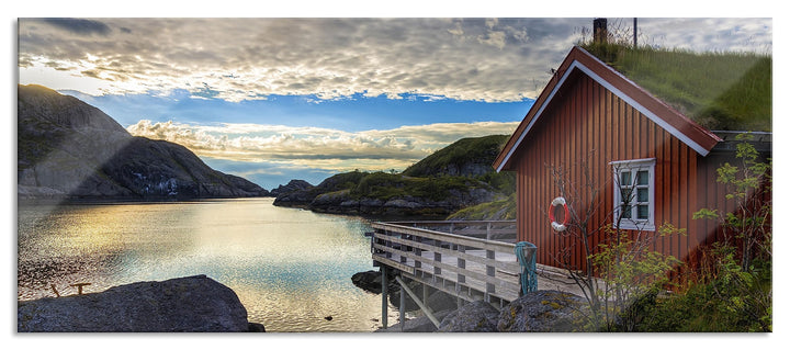 Glasbild Panorama | Wandbild aus Echtglas | Sonnenaufgang am Fjord Norwegens | 100x40 cm | inkl. Auf
