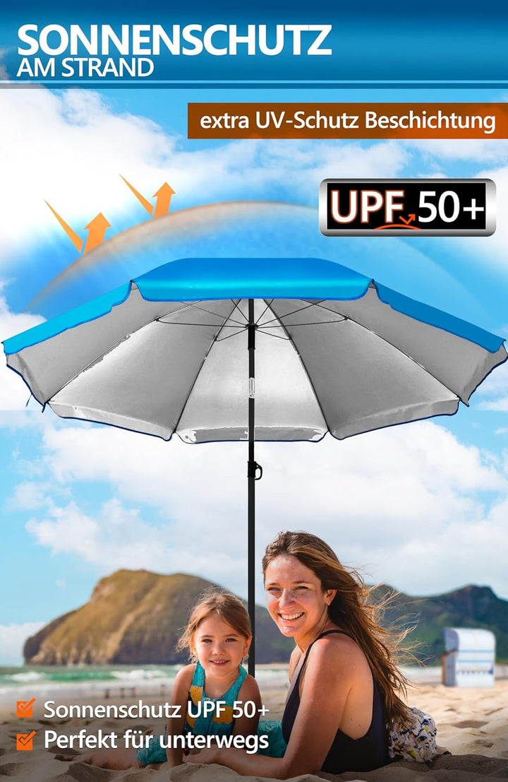 4smile Sonnenschirm Strand SunnyJoy, 3-in-1 SET, Blau - UPF 50+ Strandschirm Ø 180 cm + Sonnenschirm
