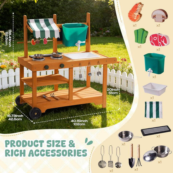 ROBUD Matschküche Kinder Outdoor, Holz Spielküche mit Rädern, Grill, grossem Wassertank & Echtem Was