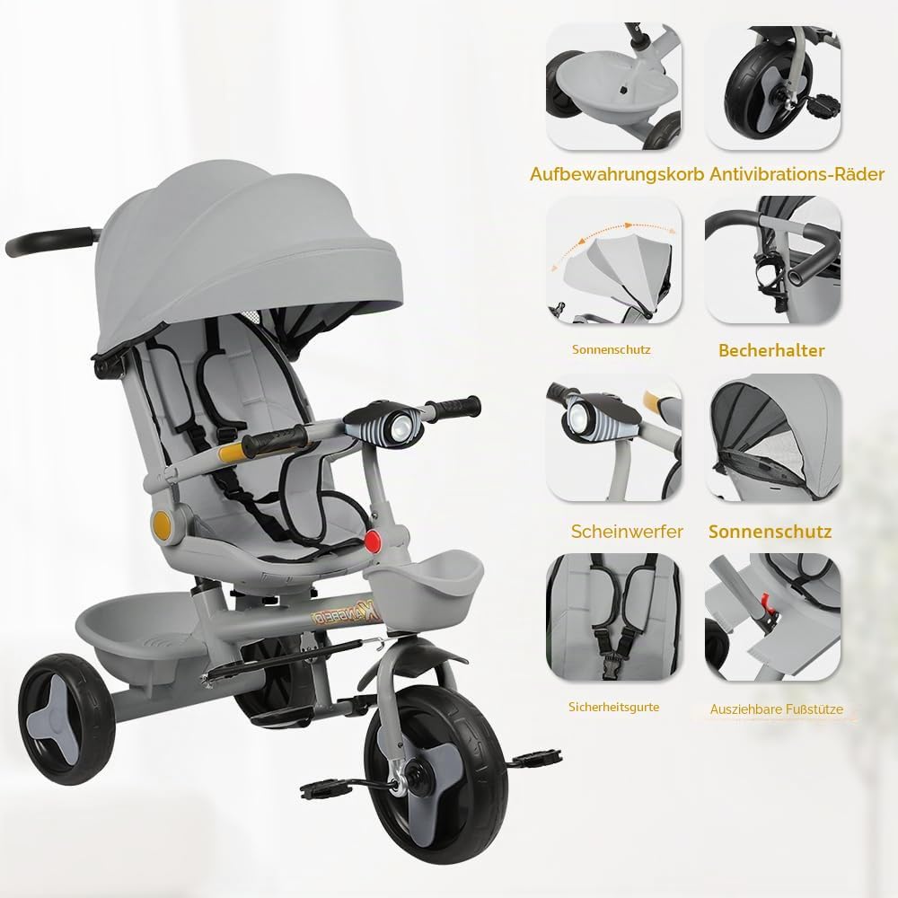 Multi-Funktions-Kinderdreirad, Dreirad 5 in1, Kleinkind-Dreiräder-Kinderwagen, mit Verstellbarem Sch