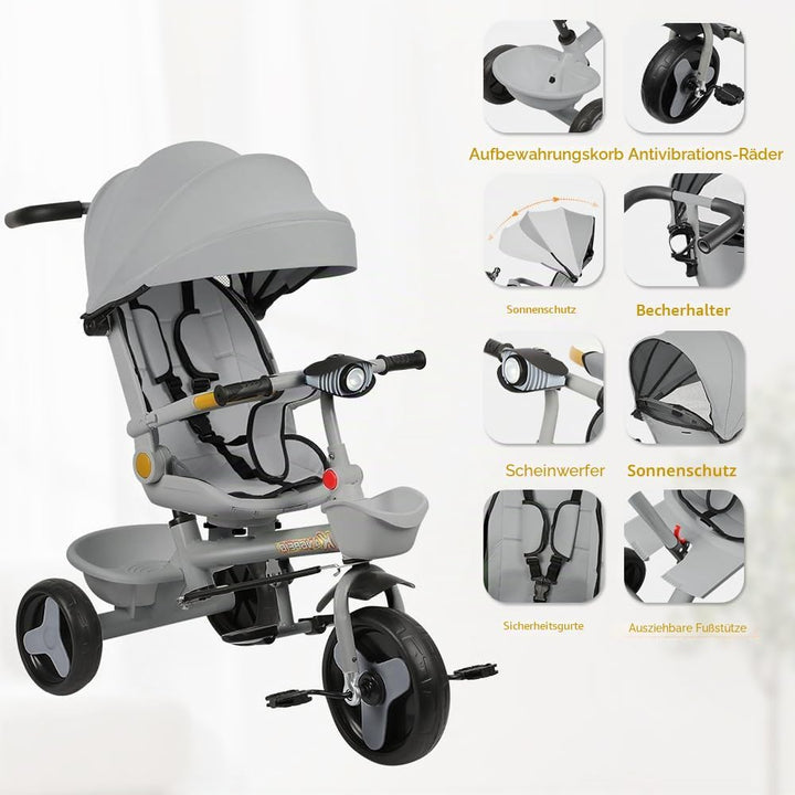 Multi-Funktions-Kinderdreirad, Dreirad 5 in1, Kleinkind-Dreiräder-Kinderwagen, mit Verstellbarem Sch