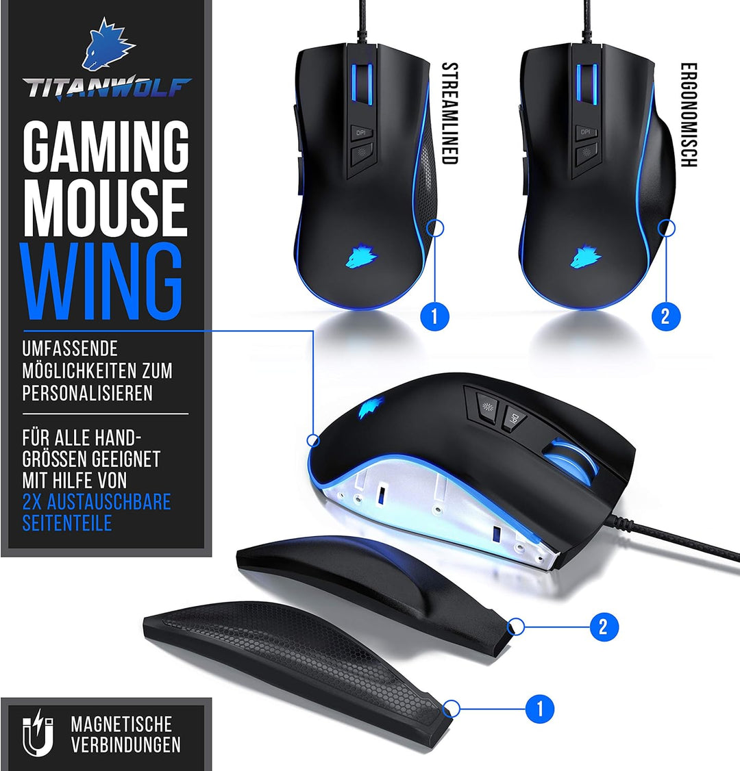Titanwolf - Kabelgebundene Gaming-Maus mit Optischem Sensor mit 200 bis 12400 DPI, 8 programmierbare