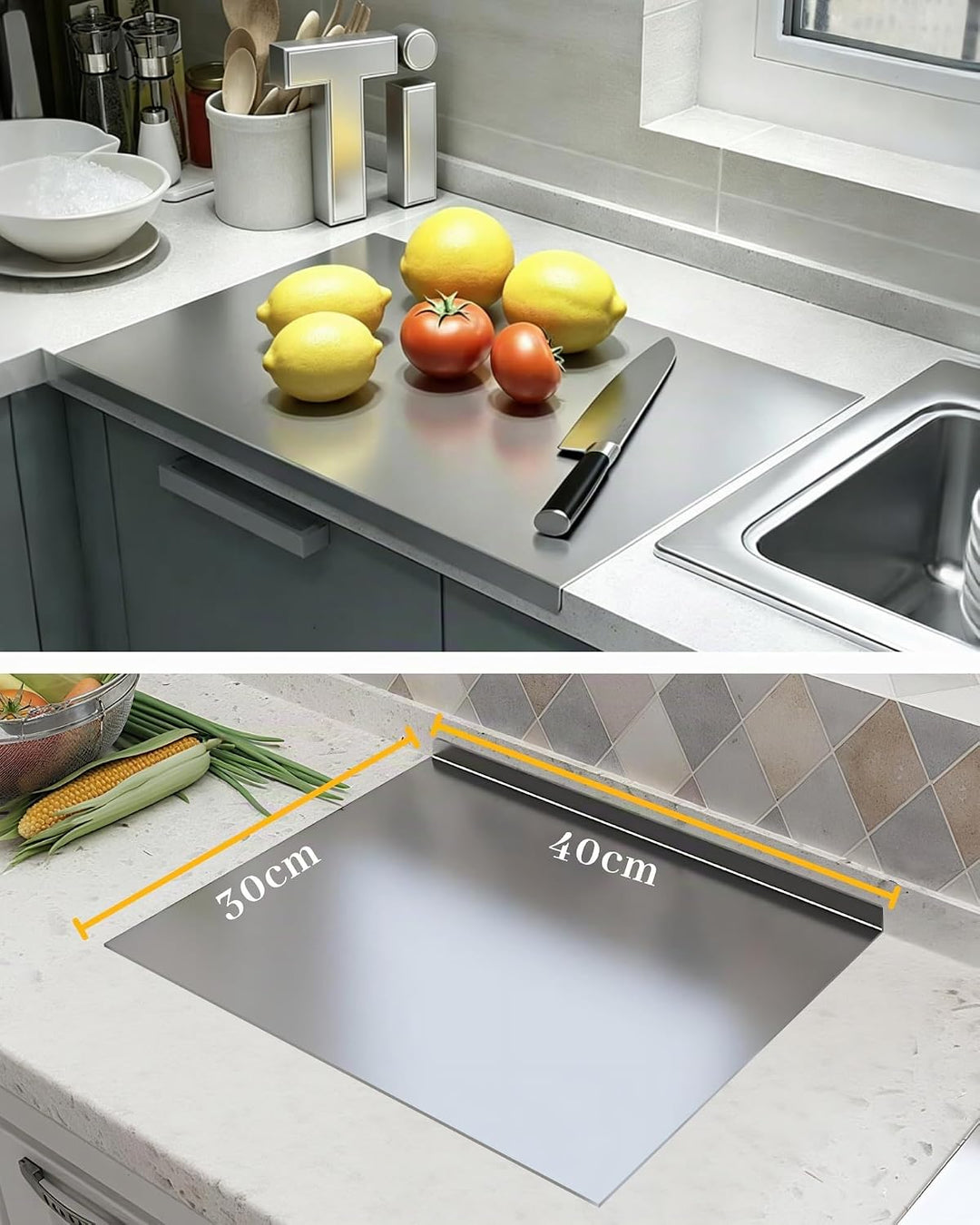 JanYoo Titan Schneidebrett, Edelstahl Schneidebrett Titanium Cutting Board | 30x40cm,2mm Schweres, K