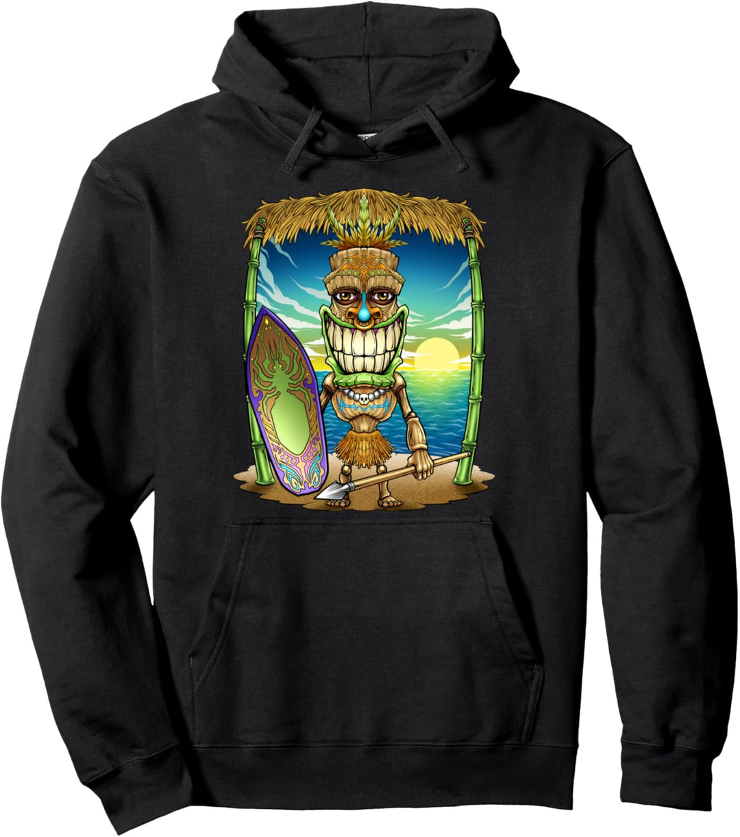 Tiki Head Surfer Surfbrett Strand Hawaii Hütte Stammes-Urlaub Pullover Hoodie