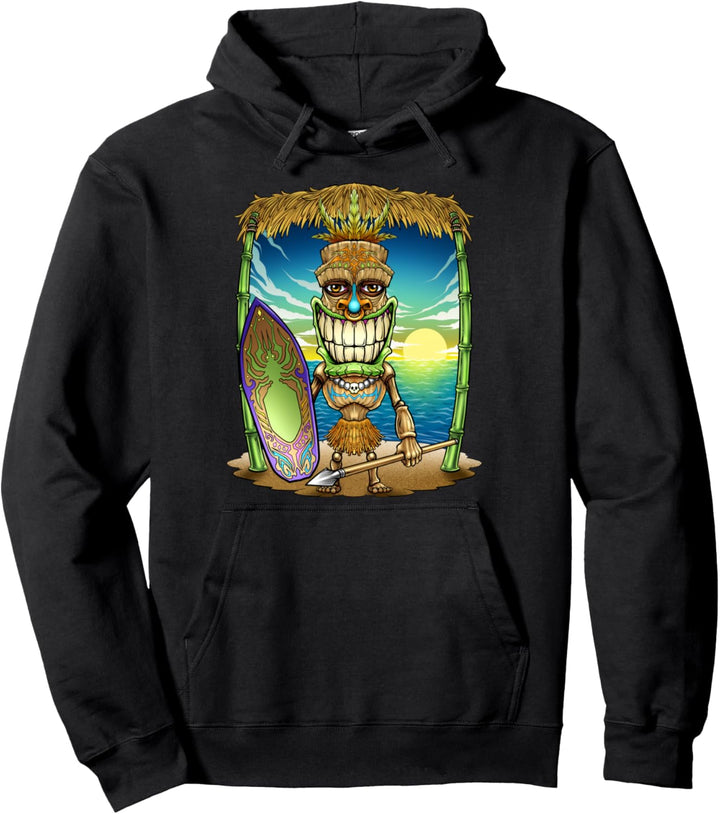 Tiki Head Surfer Surfbrett Strand Hawaii Hütte Stammes-Urlaub Pullover Hoodie