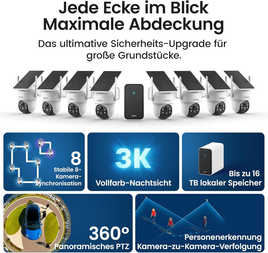 aosu 3K Überwachungskamera Aussen Solar Akku, 8 Cam-Kit & aosuCortex, Kein ABO, 5MP UHD, 32GB Lokal