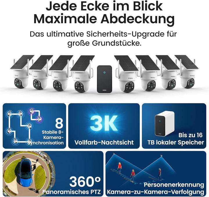 aosu 3K Überwachungskamera Aussen Solar Akku, 8 Cam-Kit & aosuCortex, Kein ABO, 5MP UHD, 32GB Lokal