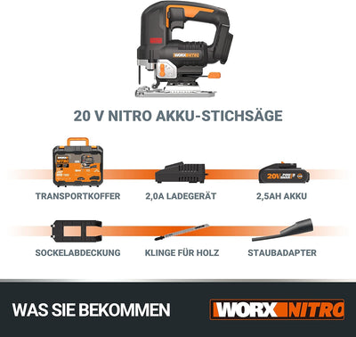 WORX NITRO WX542 Akku-Pendelhub-Stichsäge 20V - Bürstenloser Motor - Profi Stichsäge mit Absaug-Adap